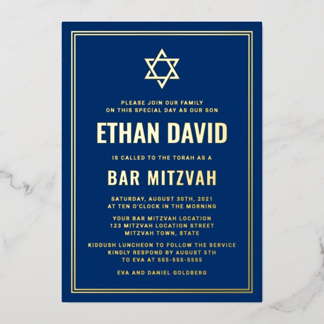 Dunkelblaue Bar mitzvah Stern von David gold oder  Folieneinladung (Vorderseite)