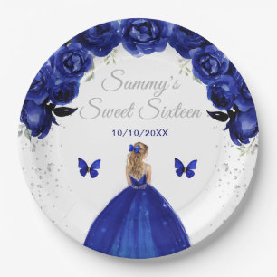 Dunkelblaue Blondhaar-Prinzessin Sweet Sixteen Pappteller