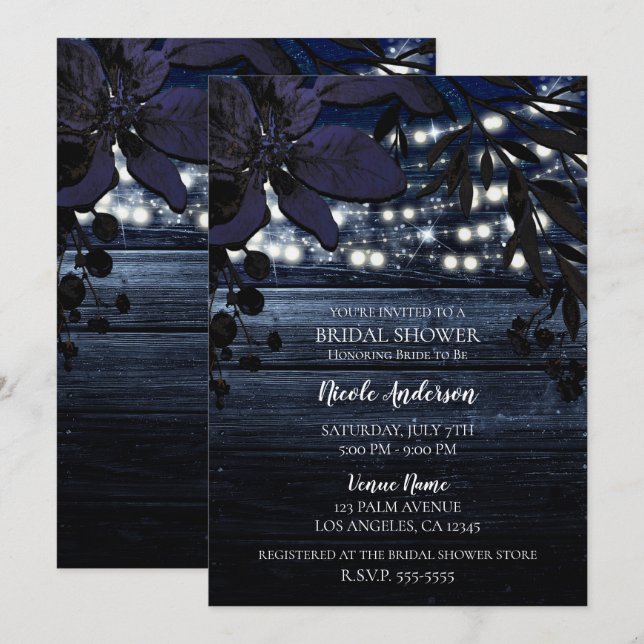 Dunkelblaue Blütenblume Rustikales Brautparty Einladung (Vorne/Hinten)