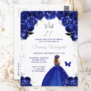 Dunkelblaue braunhaarige Prinzessin zum Geburtstag Postkarte