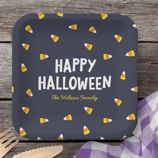 Dunkelblaue Candy Corn Frohes Halloween Pappteller (Von Creator hochgeladen)