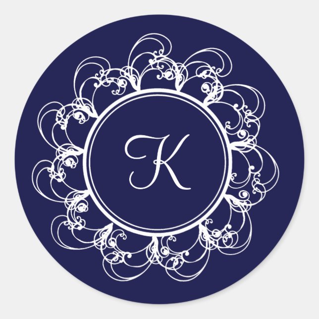 Dunkelblaue Extravagante Monogramm-Aufkleber Runder Aufkleber (Vorderseite)