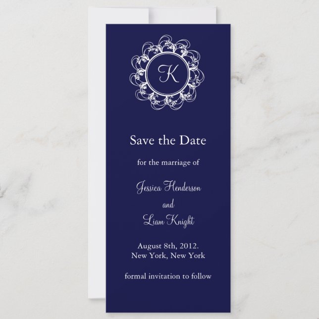 Dunkelblaue Extravagante Monogramm Save the Date (Vorderseite)
