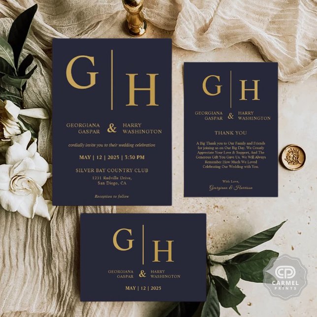 Dunkelblaue Farbe und Schlichte Hochzeit in Gold Dankeskarte (Dark Navy Blue Color And Gold Plain Wedding Thank You Card)
