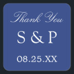 Dunkelblaue Gastgeschenk Hochzeit danke Ihnen Aufk Quadratischer Aufkleber<br><div class="desc">Dark Blue Gastgeschenk Hochzeit Vielen Dank Ihnen Sticker,  bitte personalisieren Sie mit den Initialen des Paares und das Datum der Hochzeit,  mit der Online-Personalisierung Vorlage vor der Bestellung.</div>