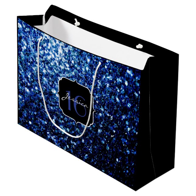 Dunkelblaue, glänzende Imitate Glitzer funkeln Swe Große Geschenktüte (Vorderseite Schrägansicht)