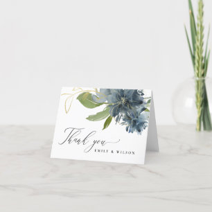 DUNKELBLAUE GOLDGRÜNE BLUMENWATERCOLOR HOCHZEIT DANKESKARTE