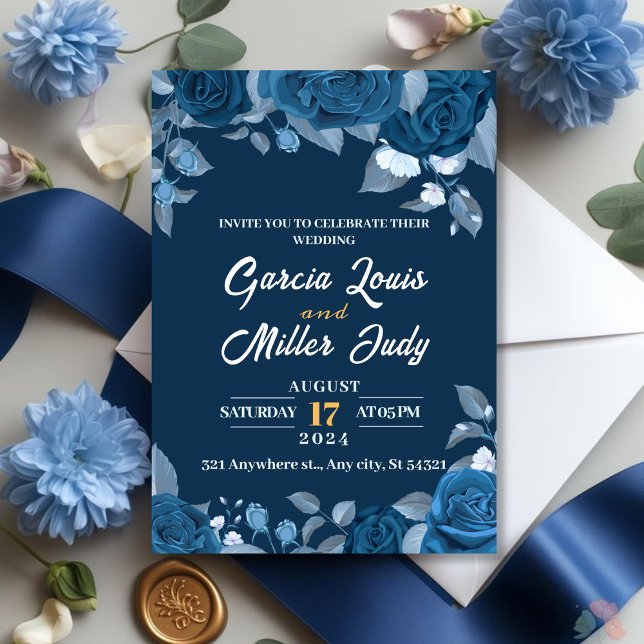 Dunkelblaue Hochzeit mit eleganten blauen Rose Einladung (Von Creator hochgeladen)