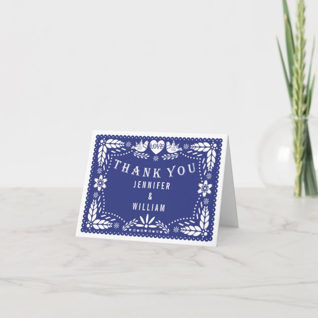 Dunkelblaue Hochzeit Papel picado Lovebirds danken Dankeskarte (Vorderseite)