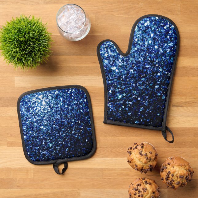 Dunkelblaue Imitate Glitzer Glitzern Ofenhandschuh & Topflappen-Set (Oben Unten)