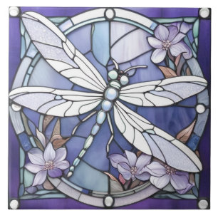 Dunkelblaue Libellen-Buntglas-Blume Fliese