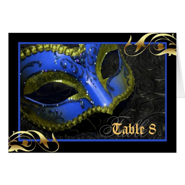Dunkelblaue Maskerade-Masken-Tischnummer-Karte (Vorderseite (Horizontal))