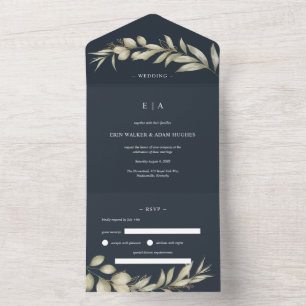Dunkelblaue Navy-Eukalyptus-Kranz-Hochzeit  All In One Einladung