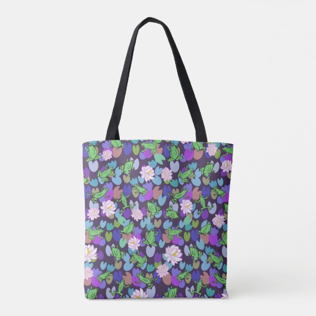 Dunkelblaue Niedliche Froschkunst und Wasserlilien Tasche (Rückseite)