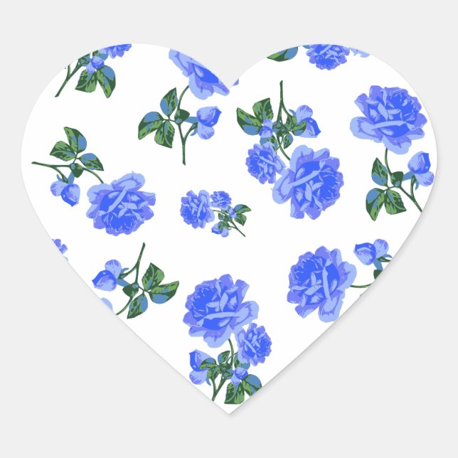 Dunkelblaue Rose Blumenmuster auf Weiß Herz-Aufkleber (Vorderseite)