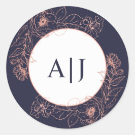 Dunkelblaue Rose Gold Floral Wedding Monogram Runder Aufkleber