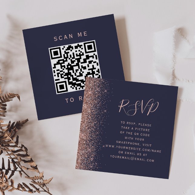 Dunkelblaue Rose Gold Glitzer Hochzeitsstichtag QR Begleitkarte (Von Creator hochgeladen)