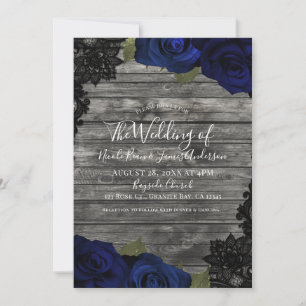 Dunkelblaue Rosen Rustikales Holz Schwarze Spitze  Einladung