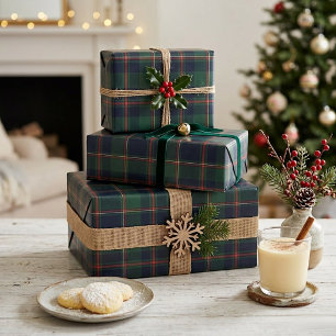 Dunkelblaue, rote und grüne karierte Geschenkpapie Geschenkpapier