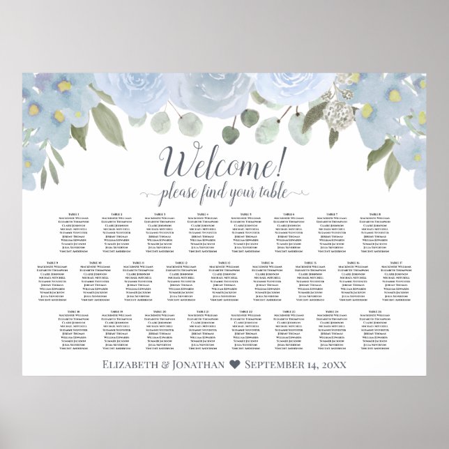 Dunkelblaue rustikale Rose 25 Tabelle Sitzplan Poster (Vorne)