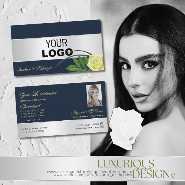 Dunkelblaue Silber Decke Rose Blume Logo und Foto Visitenkarte (Von Creator hochgeladen)