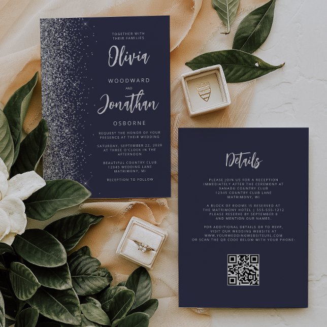 Dunkelblaue Silber-Glitter-QR-Code-Hochzeit Einladung (Von Creator hochgeladen)