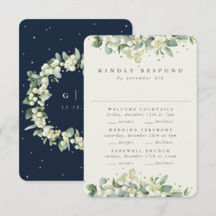 Dunkelblaue Snowberry + Eucalyptus Hochzeits- Mehr RSVP Karte