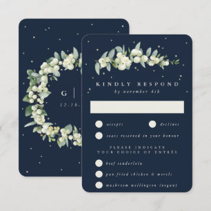 Dunkelblaue Snowberry + Eucalyptus-Stiel-Hochzeit RSVP Karte