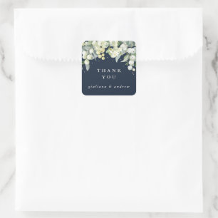 Dunkelblaue Snowberry+Eukalyptus Hochzeit Danke Quadratischer Aufkleber