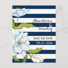 Dunkelblaue Streifen & Blume Hochzeit Sichern Sie  Ankündigungspostkarte