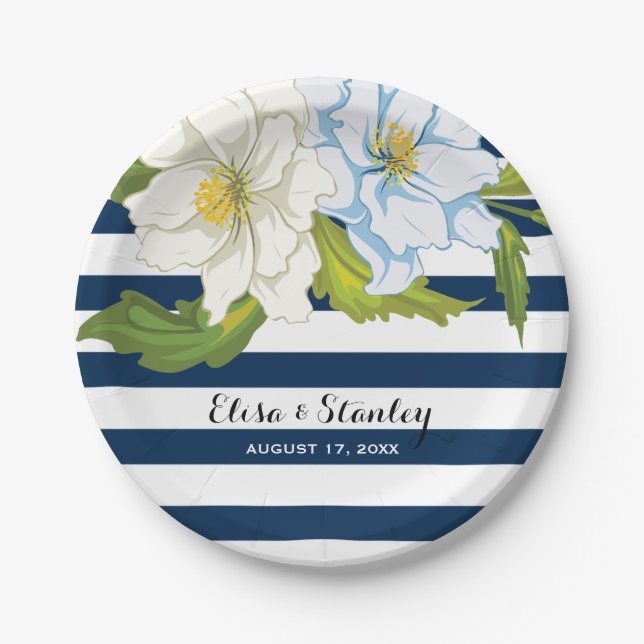 Dunkelblaue Streifen & Blume Moderne Blumenhochzei Pappteller (Vorderseite)