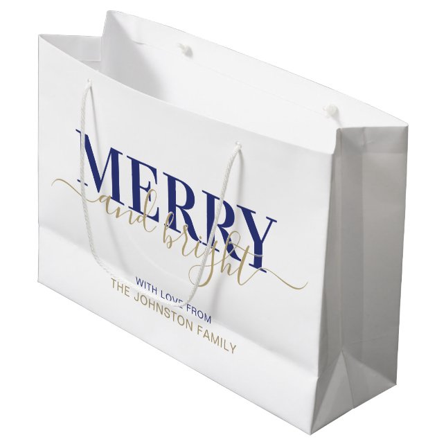 Dunkelblaue Typografie froh und hell Weihnachten  Große Geschenktüte (Vorderseite Schrägansicht)