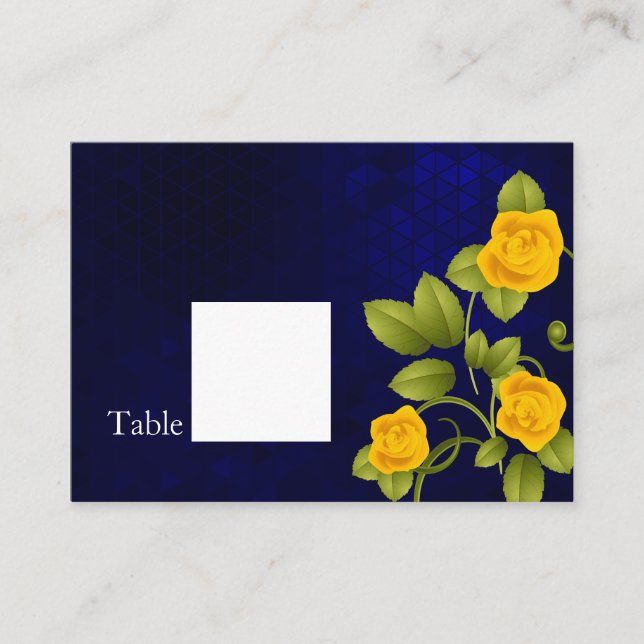 Dunkelblaue und gelbe Rosenhochzeit Platzkarte (Vorderseite)