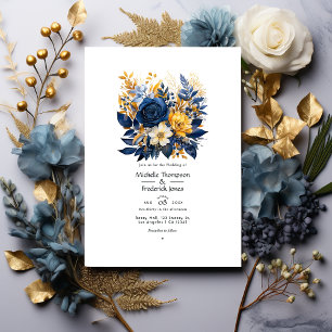Dunkelblaue und goldene florale Hochzeit Einladung