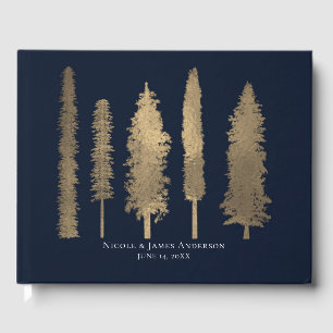 Dunkelblaue und goldene Waldhochzeit mit Bäumen Gästebuch