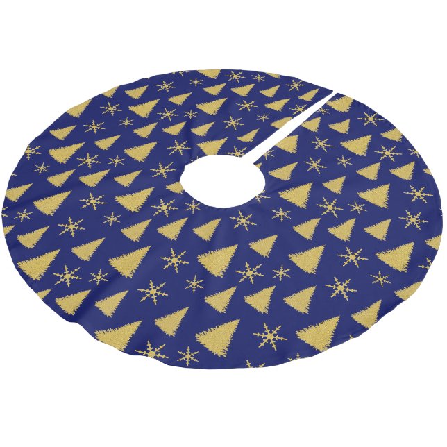 Dunkelblaue und goldene Weihnachtsbaummuster Polyester Weihnachtsbaumdecke (Schrägansicht)