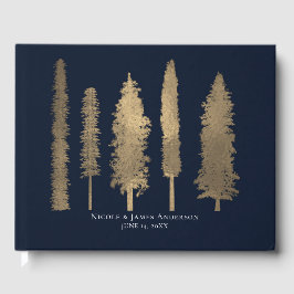 Dunkelblaue und goldfarbene Waldbaumen Hochzeiten Gästebuch