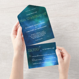 Dunkelblaue und grüne Galaxie-Hochzeit All In One Einladung
