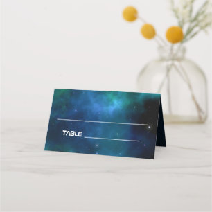 Dunkelblaue und grüne Galaxie-Hochzeit Platzkarte