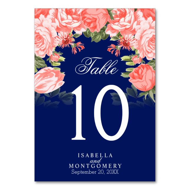Dunkelblaue und korallenblaue Blume | Tabellenkart Tischnummer (Rückseite)