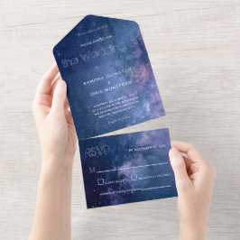 Dunkelblaue und Lila Galaxie-Hochzeit All In One Einladung