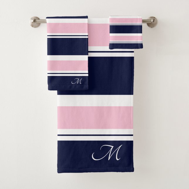 Dunkelblaue und rosa Streifen Badhandtuch Set (Insitu)