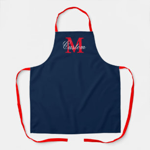 Dunkelblaue und rote individuelle Name-Monogrammkü Schürze