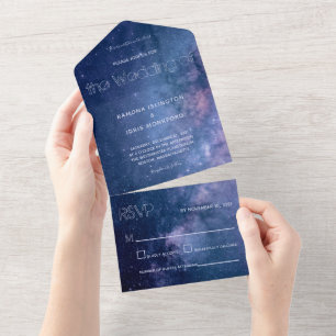 Dunkelblaue und violette Galaxie-Hochzeit All In One Einladung
