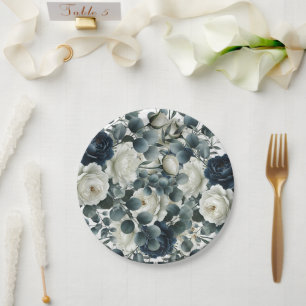 Dunkelblaue und weiße moderne Blumen-Hochzeit Pappteller