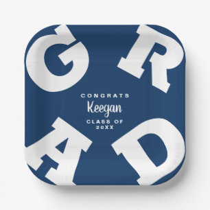 Dunkelblaue und weiße personalisierte Abschlussfei Pappteller