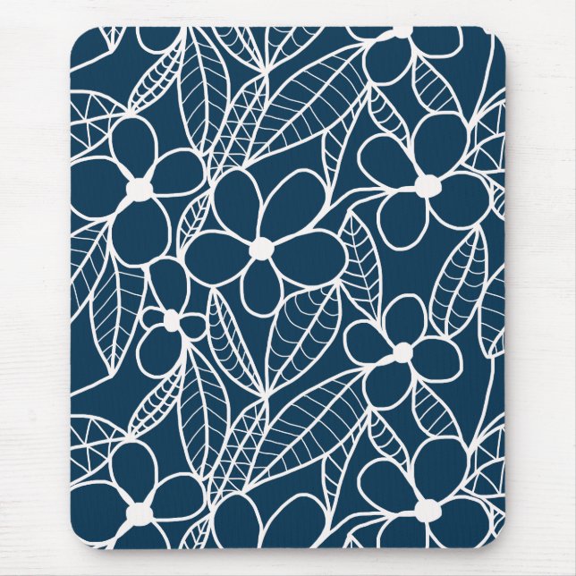 Dunkelblaue und weiße tropische Blume Mousepad (Vorne)
