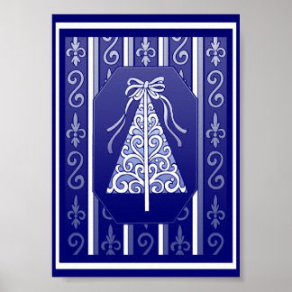Dunkelblaue und weiße Wirbel Streifen Weihnachtsba Poster