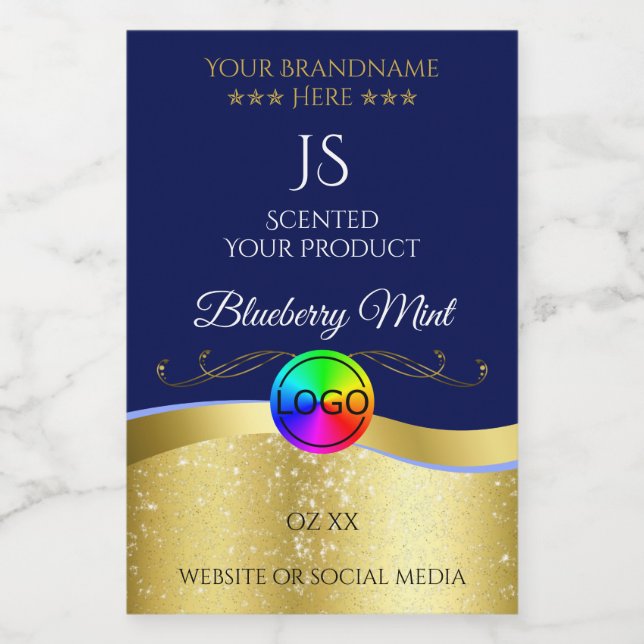 Dunkelblaue Wavy Gold Logo Monogram Product Label Lebensmitteletikett (Einzelnes Label)