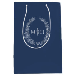 Dunkelblaue, weiße Blätter Oval-Kranz-Monogramm-Ho Mittlere Geschenktüte
